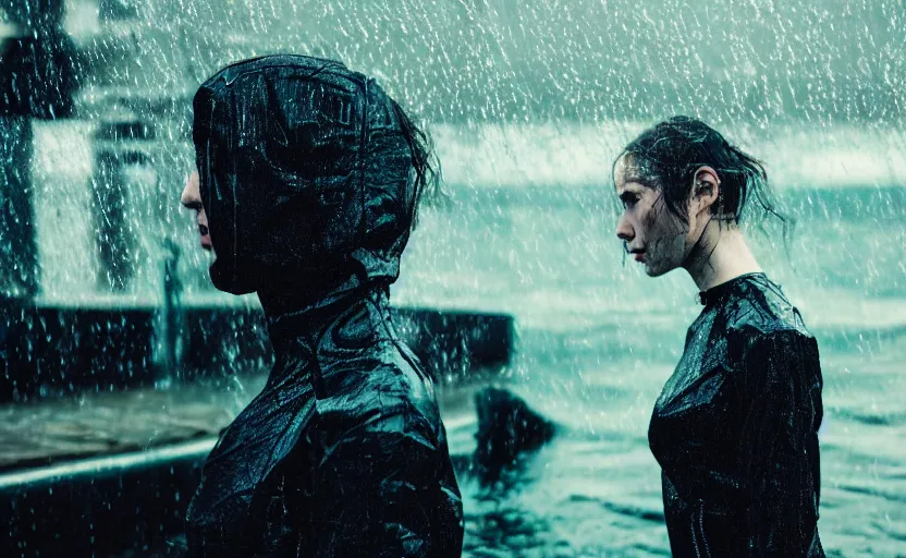 Prompt: cinestill 5 0 d candid action photographic portrait by stanley kubrick of two loving female androids wearing rugged black mesh techwear in treacherous waters, extreme closeup, modern cyberpunk retrofuturism moody emotional cinematic, pouring iridescent rain, 8 k, hd, high resolution, 3 5 mm, f / 3 2, motion blur, ultra realistic faces, ex machina