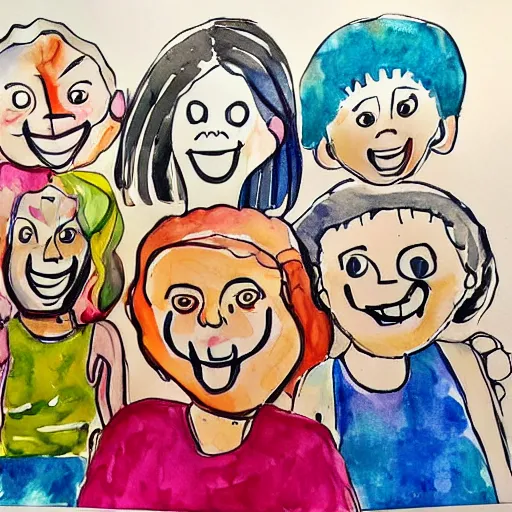 Image similar to happy smiling faces + water Color paint + line drawing ::