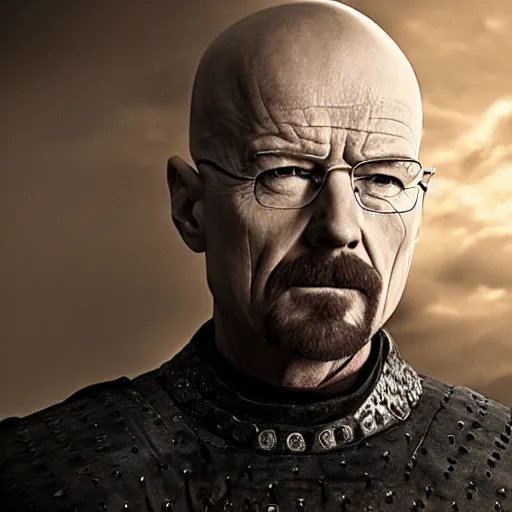 Image similar to walter white dresses like a knight from game of thrones, holding a sword, cinematic, highly - detailed, 8 k, hbo, game of thrones, realistic