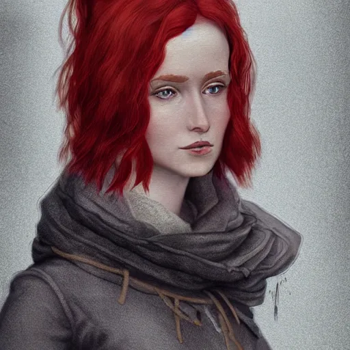 Image similar to Red haired Swiss german woman, highly detailed, in the style of romanticism, cinematic, artstation, Moebius