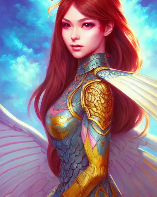 Image similar to 3 / 4 view of girlwith wings, confident pose, pixie character, video game genshin impact, intricate, elegant, sharp focus, illustration, bright colors, concept art, matte, magali villeneuve, artgerm, anime, trending on artstation