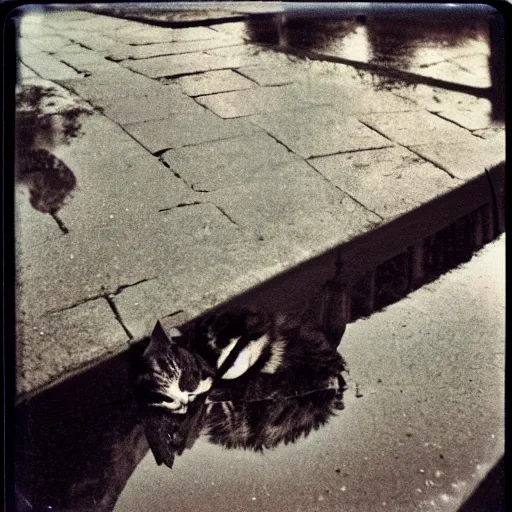 Image similar to wide-shot very low-angle eyesight reflection of a cat in the puddle at the street in Moscow, polaroid photo, by Andy Warhol, signed