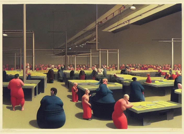 Image similar to crowd of fat people in Amazon fulfillment flooded warehouse Edward Hopper and James Gilleard, Zdzislaw Beksinski, highly detailed