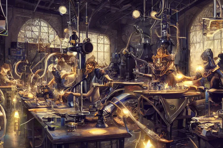 Image similar to a beautiful highly detailed masterpiece photograph of wizards performing cutting edge prompt engineering in a scientific laboratory, trending on artstation