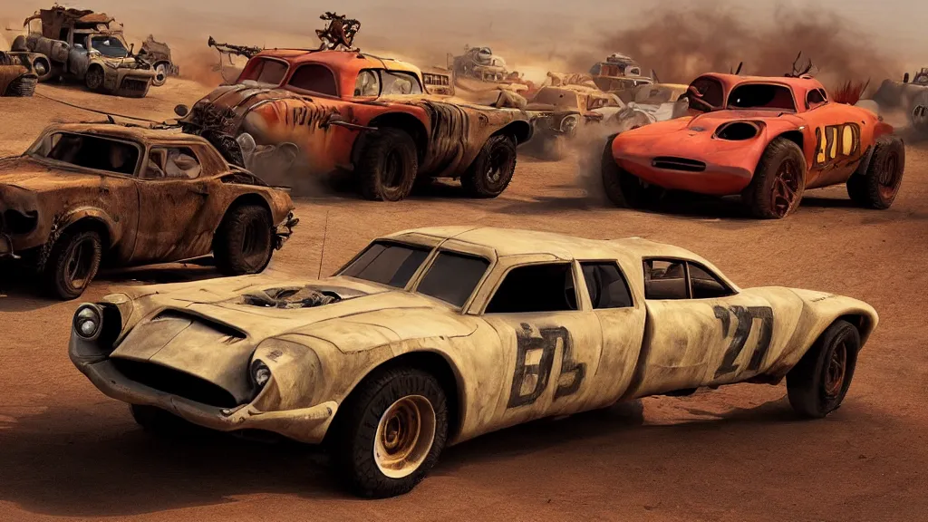 Image similar to mad max cars in a pixar disney movie