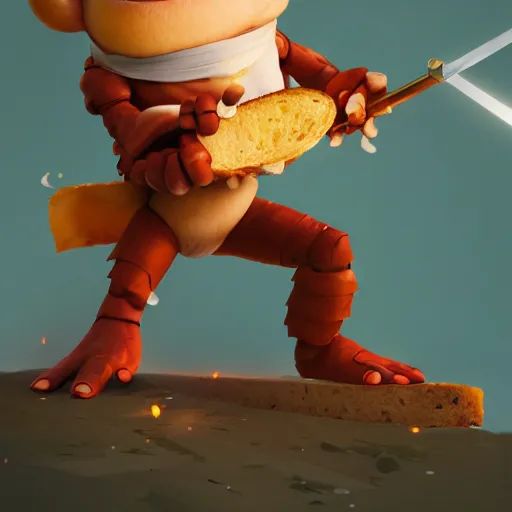 Prompt: a slice of toasted bread with a face, arms and legs, holding a sword, cute pixar character, volumetric lighting, dynamic composition, fantasy, hyper detailed, ultra realistic, sharp focus, octane render, concept art by sachin teng and sergey kolesov and ruan jia and heng z