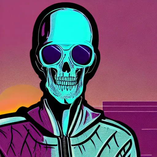 Prompt: portrait of skeletor with light blue shutter shades in front of a sunset, a dark purple leather jacket, vector art by jan tengnagel, pixabay contest winner, retrofuturism, retrowave, synthwave, outrun