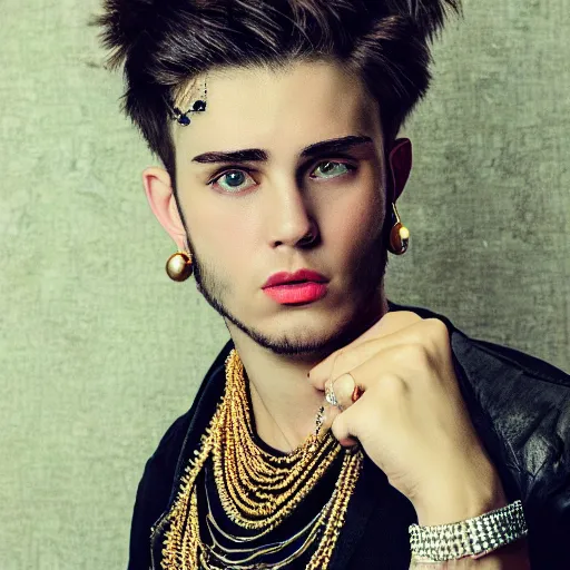 Prompt: a photographic character model design of a very handsome young masculine man wearing excessive jewelry in an ornate and elegant way, flirtatious and intrigued