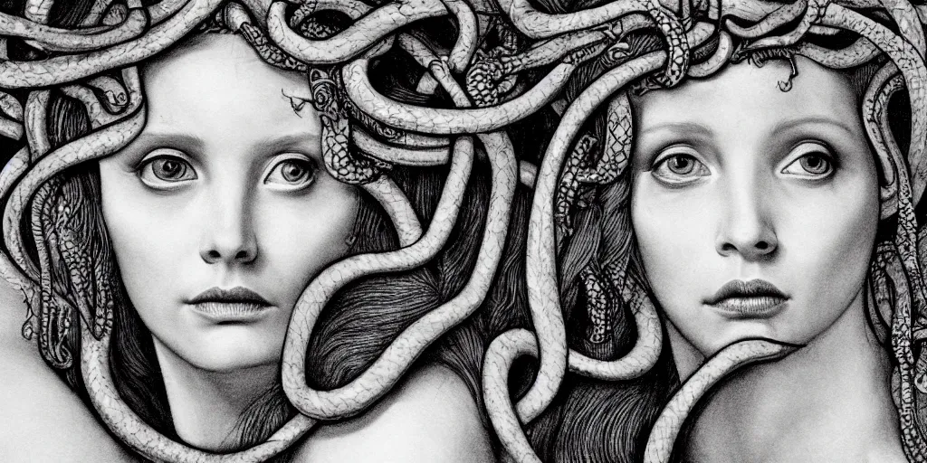 Image similar to realistic portrait of a beautiful medusa with her snakes in the hair, 1450, ink, ultra realistic, 8k