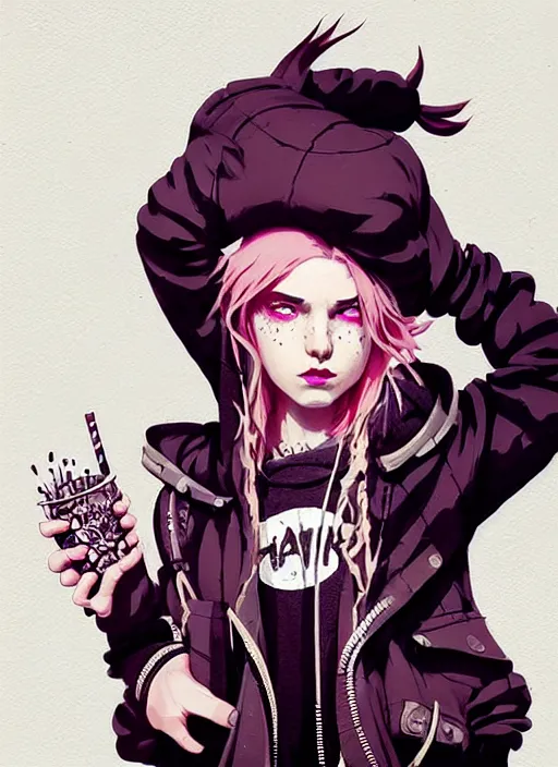 Image similar to highly detailed portrait of a sewer punk lady, tartan hoody, blonde ringlet hair by atey ghailan, by greg rutkowski, by greg tocchini, by james gilleard, by joe fenton, by kaethe butcher, gradient magenta, black, blonde cream and white color scheme, grunge aesthetic!!! ( ( graffiti tag wall background ) )