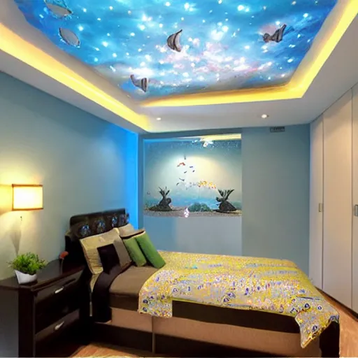 Prompt: large bedroom stars glowing on ceiling black walls nighttime lights out baby blue bedding king sized bed aquarium in wall large flat-screen