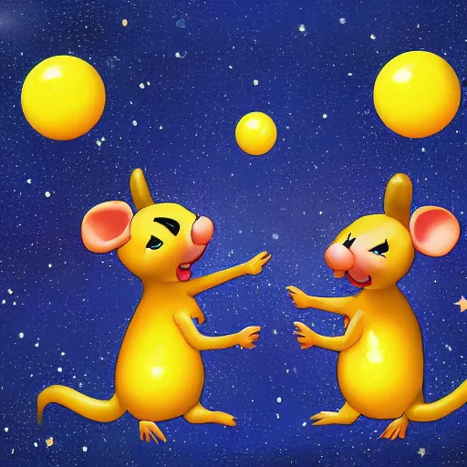 Image similar to two happy mice on a cheddar planet, highly detailed, digital art