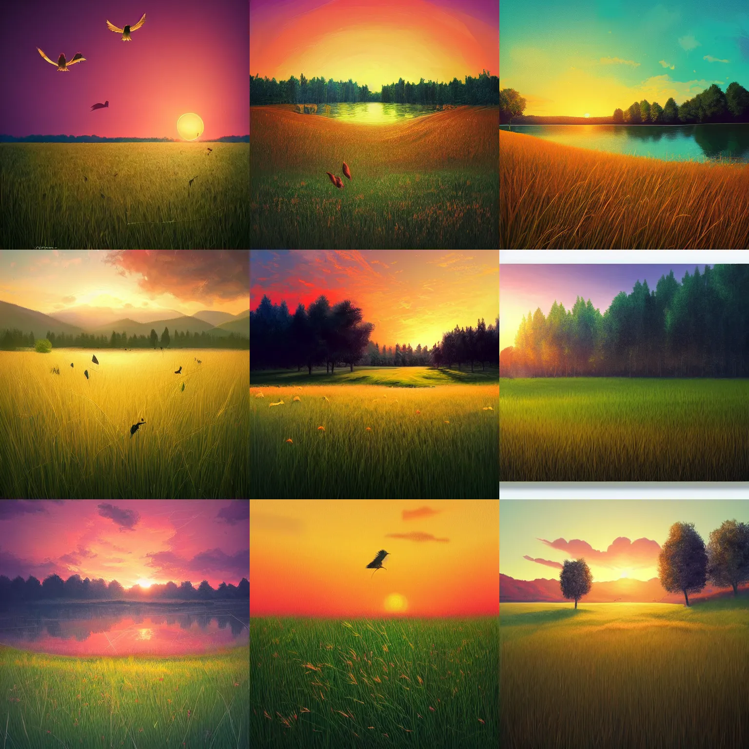 Prompt: a beautiful grassy meadow at sunset, birds, lake, by alena aenami, digital art, concept art, trending on artstation