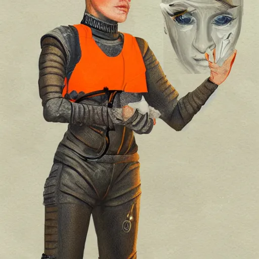 Prompt: character concept art of heroic stoic emotionless butch blond handsome woman space explorer with detailed tribal chin tattoos, dirty and injured, very short slicked - back butch hair, narrow eyes, wearing atompunk jumpsuit, orange safety vest, retrofuture, highly detailed, science fiction, illustration, oil painting, realistic, lifelike, pulp sci fi, cinematic