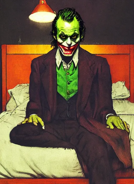 Prompt: full body and head portrait of the joker sitting on the edge of a bed in a dark and dingy dystopian apartment lit by green light, painted by norman rockwell and tom lovell and everett raymond kinstler