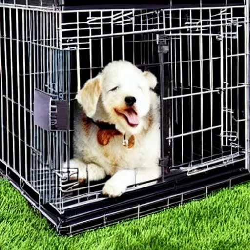 Image similar to human in dog crate.