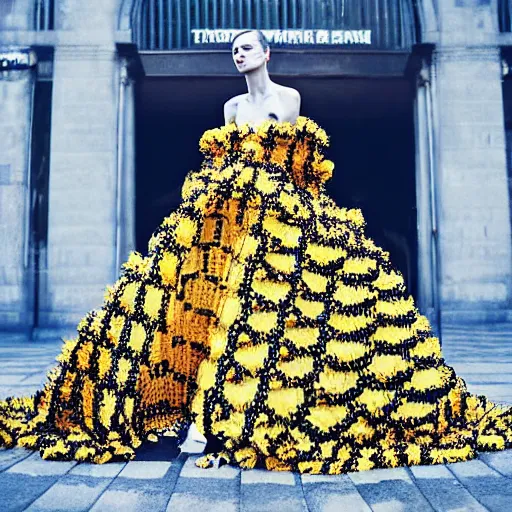 Prompt: stunning gown made of 🐝 !! street style, backlit, Alexander mcqueen, Vivienne Westwood, Oscar De la Renta, Dior, high fashion photo shoot, photograph by annie leibovitz, fantasy lut,