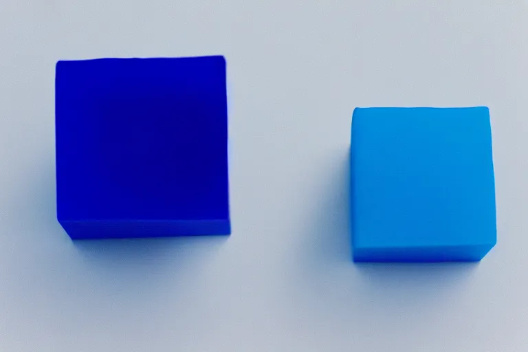 Image similar to single blue cube on white studio floor, soft light, 3 5 mm