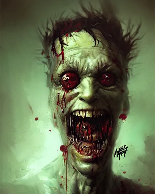 Image similar to hyper realistic photo portrait laughing lunatic zombie cinematic, greg rutkowski, james gurney, mignola, craig mullins, brom