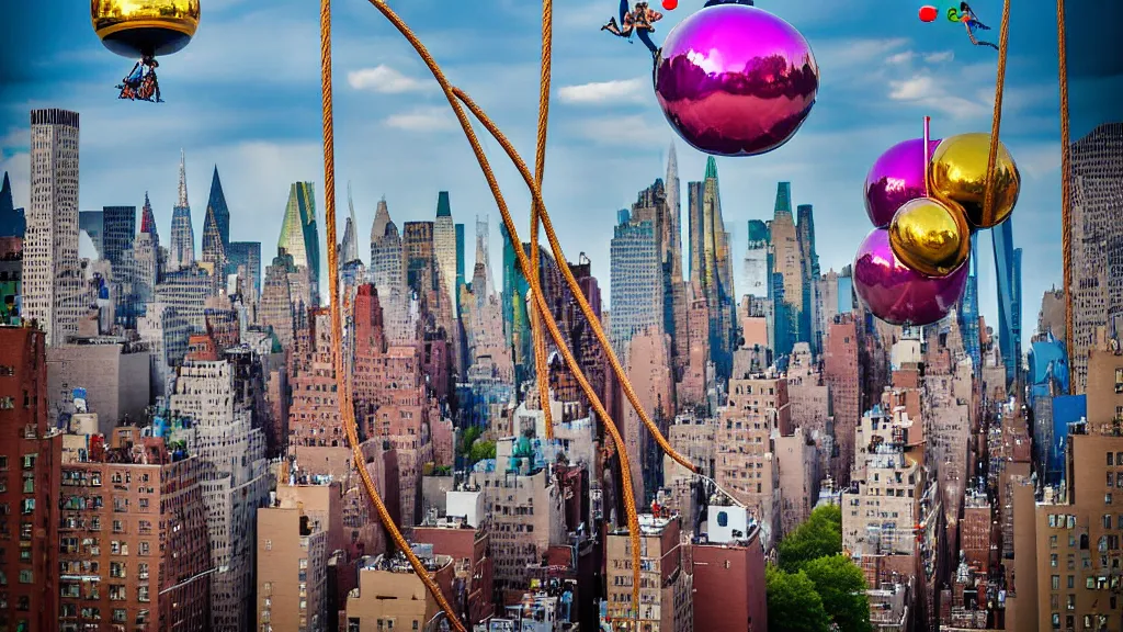 Image similar to large colorful futuristic space age metallic steampunk balloons with pipework and electrical wiring around the outside, and people on rope swings underneath, flying high over the beautiful mew york city landscape, professional photography, 8 0 mm telephoto lens, realistic, detailed, photorealistic, photojournalism