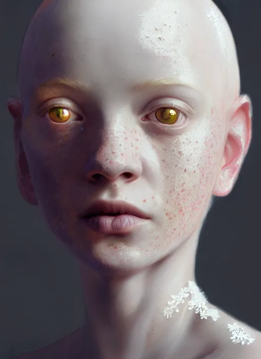 Image similar to portrait of an albino girl, freckles, no hair, serious, 1 9 5 0 s, intricate, elegant, glowing lights, highly detailed, digital painting, artstation, concept art, smooth, sharp focus, illustration, art by wlop, mars ravelo and greg rutkowski