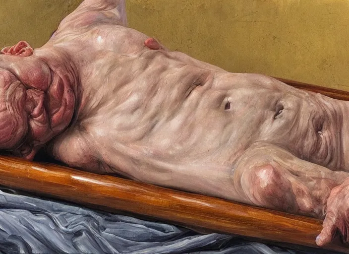 Prompt: Real life Homer Simpson, deceased in a casket, painted by Lucian Freud, highly detailed, 8k