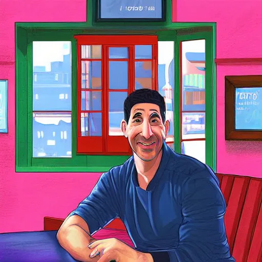 Image similar to digital artwork of ross geller sitting in central perk, in the style of artgerm, detailed face, expressive face,