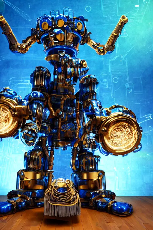 Image similar to portrait photo of a giant huge golden and blue metal steampunk robot with gears and tubes, robot is made of vaccuumcleaner, on the wet floor are mop and bucket, eyes are glowing red lightbulbs, shiny crisp finish, 3 d render, 8 k, insaneley detailed, fluorescent colors, background is multicolored lasershow