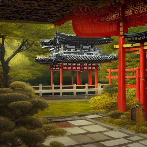 Image similar to traditional shinto garden, photorealistic, baroque, renaissance, by emedios varo and anato finnstark and fenghua zhong, hyperrealism, 4 k 8 k, 3 d, masterpiece, texture, captivating, awe inspiring