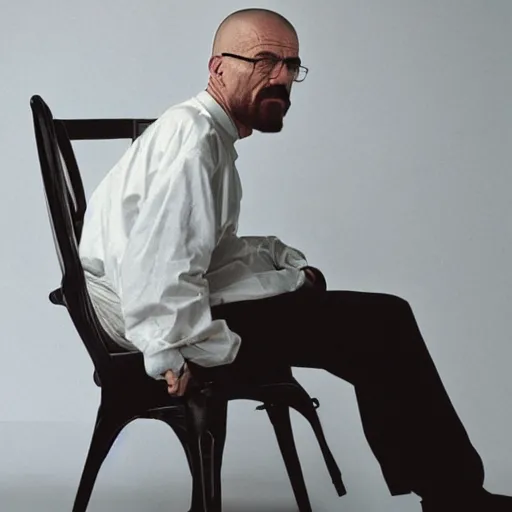 Image similar to walter white from back sitting on chair standing photo by annie leibovitz 8 0 mm lens bokeh