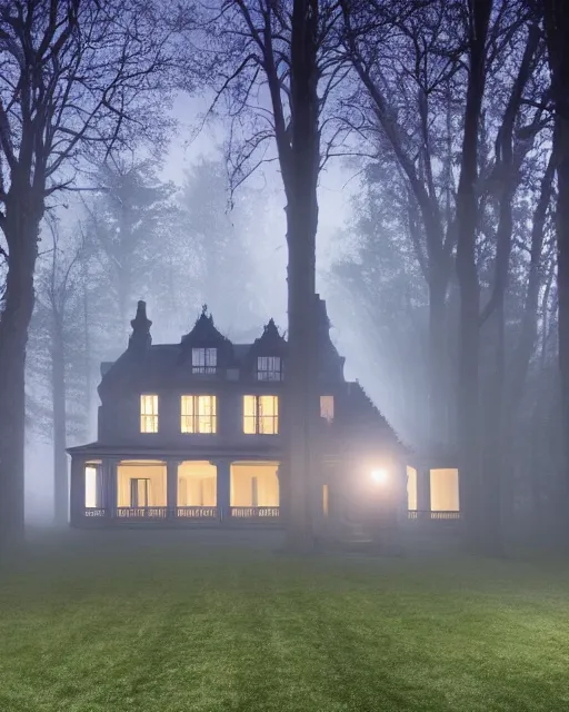Prompt: a wide angle low photo of a ghostly victorian mansion howvering above a misty forest at night, volumetric light, epic proportions