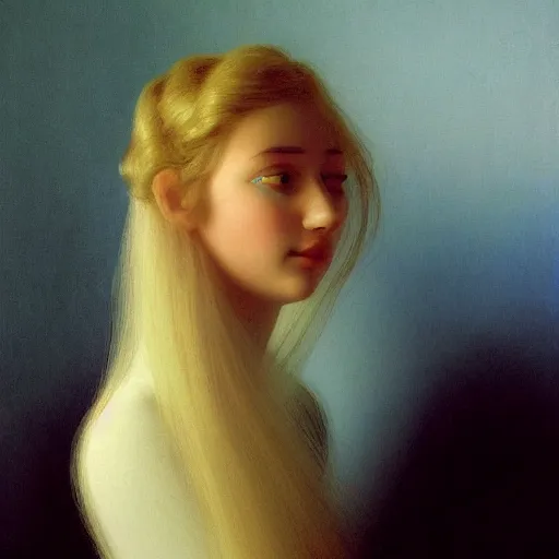 Image similar to a young woman's face, her hair is golden white and she wears an cobalt blue satin cloak, by ivan aivazovsky and syd mead and moebius and gaston bussiere and roger dean and pieter claesz and paul delaroche and alma tadema and aelbert cuyp and willem claesz, hyperrealistic, volumetric light, octane render