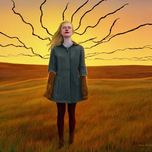 Image similar to Elle Fanning in a flaming field, head and shoulders masterpiece, apocalypse, golden hour, cosmic horror, artstation, in the style of Andrew Wyeth and Edward Hopper, extremely detailed