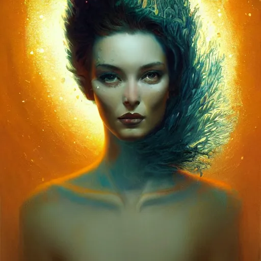 Image similar to a dramatic portrait of a woman showing affection to deer, cinematic lighting, symmetric face by karol bak, christopher balaskas