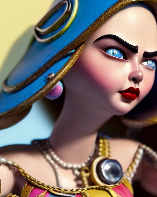 Image similar to highly detailed closeup, face profile portrait of a tin toy retro 1 9 5 0 s cara delevingne, bikini, unreal engine, nicoletta ceccoli, mark ryden, earl norem, lostfish, global illumination, detailed and intricate environment