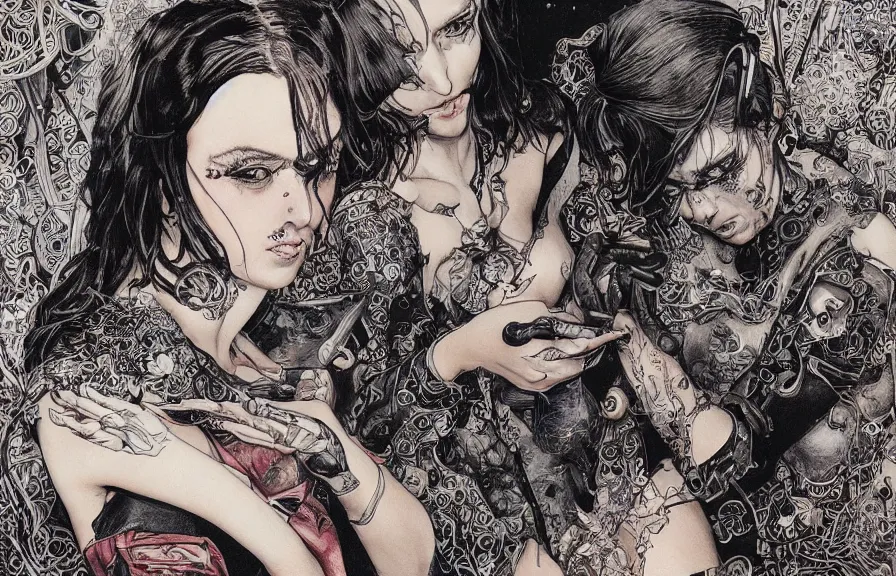 Image similar to mia malkova and rachael riley chatting making an adult film, style drawn by vania zouravliov and takato yamamoto, inspired by cyberpunk, intricate acrylic gouache painting, high detail, sharp high detail, artstation