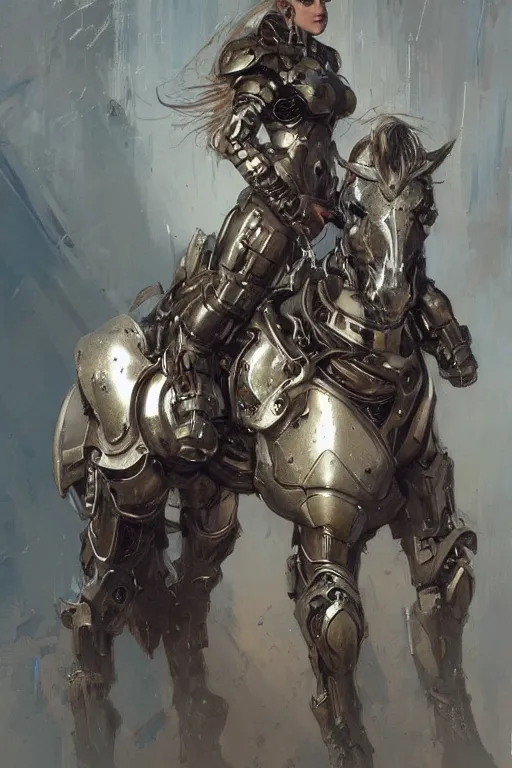 Image similar to portrait girl metal cyborg armor and metal horse by gaston bussiere, anna nikonova aka newmilky, greg rutkowski, yoji shinkawa, yoshitaka amano, tsutomu nihei, donato giancola, geoffroy thoorens, concept art, trending on artstation, featured on pixiv