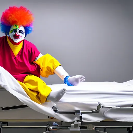 Image similar to crazy clown in hospital bed with wrist restraints on, restraints have fabric straps attached to hospital bed, photograph, 8 k