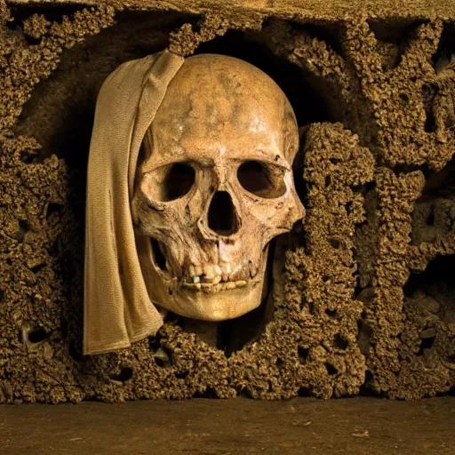 Image similar to a knight dead in a catacomb cell