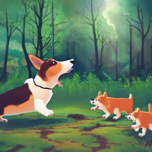 Image similar to corgi monster, children running away, forest