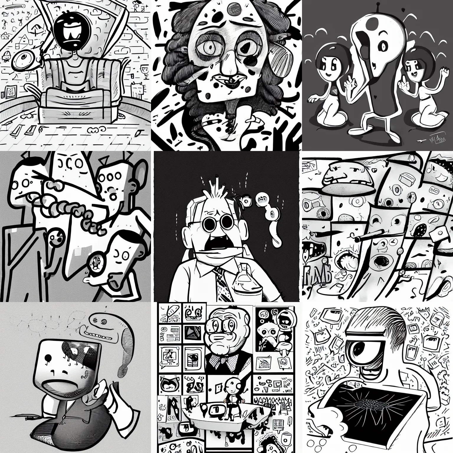 Prompt: weird comical illustration, simplified sketch background, black and white, behance, devianart, artstation, dribble, creary, ello, cgsociety, drawcrowd, pixiv, concept art world, our art corner, newgrounds, doodle addicts, penup