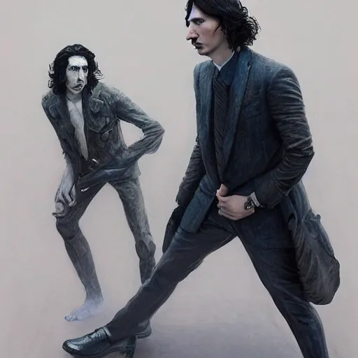 Image similar to painting of both john oliver and adam driver together, john oliver, adam driver, full body, elegant, beautiful, highly detailed, centered, dark, smokey, digital painting, concept art, smooth, sharp focus, illustration, deviant art, art by karol bak and peter mohrbacher