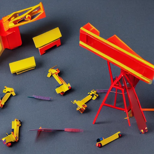 Image similar to photograph of a book being put together by a toy construction crew. Toy crane. white background, studio photography