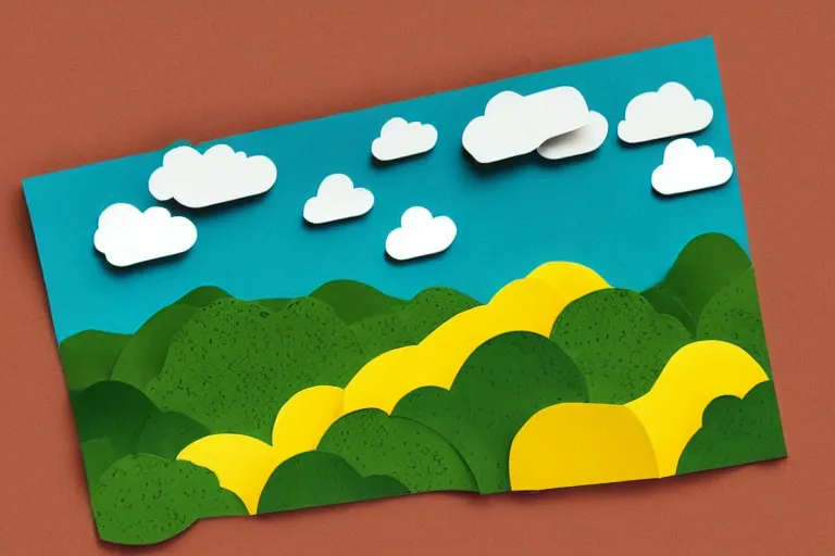 Prompt: paper craft, green textured hills and yellow sun graphic with white clouds and a colorful brick road, behance