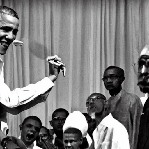 Image similar to Barack Obama having a rap battle against Ghandi, historical photo, 1962