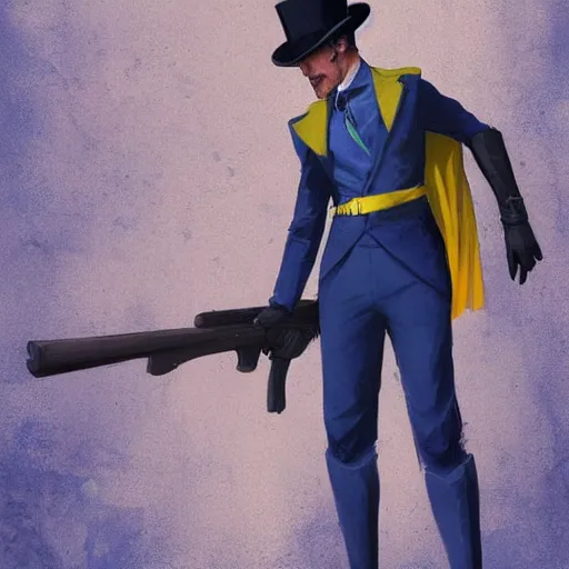 Image similar to superhero with tophat and a rifle in blue and yellow clothes, digital art, trending on artstation, by greg rutkowski