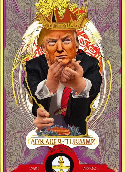 Image similar to a donald trump tarot card featuring hamburger imagery, king of swords, designed by alfons mucha and greg rutkowski and artgerm, 4k, intricate detailing, fast food motifs