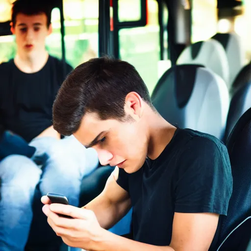 Image similar to a tired young university student in a black shirt with slick hair and round face is riding in a crowded bus. student is holding a bottle of dark beer and is looking at his smartphone. professional photo, 4 k, bokeh, 5 0 mm