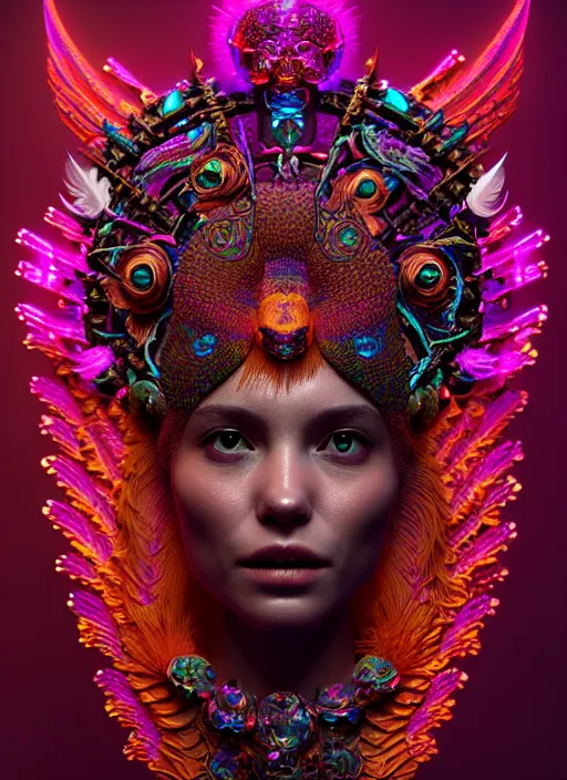 Image similar to a wlop 3 d portrait of a goddess, 8 k micro details beautiful intricate highly detailed quetzalcoatl skull and feathers. bioluminescent, fire, galaxy, artwork by tooth wu and wlop and beeple and greg rutkowski, trending on artstation,