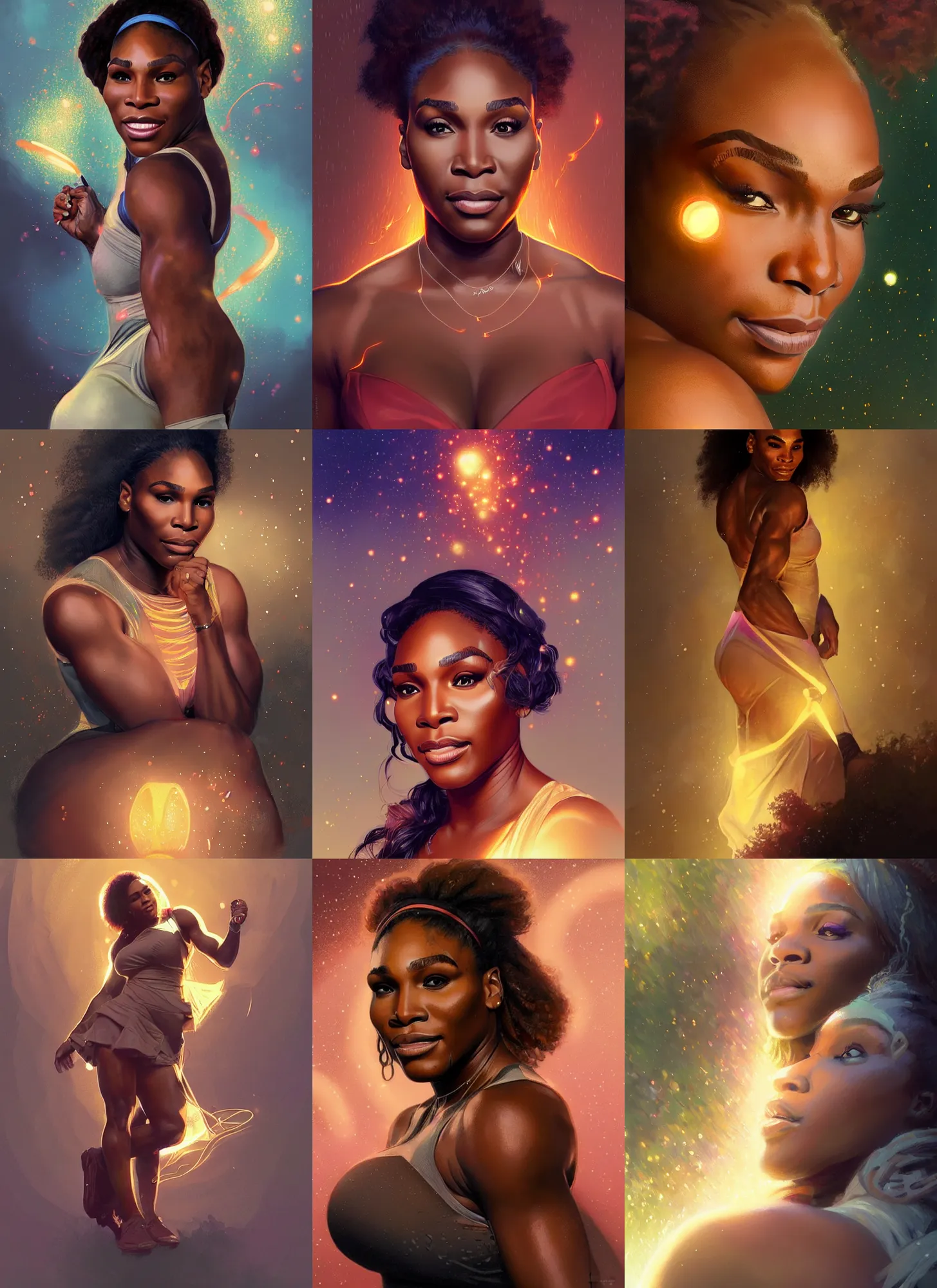 Prompt: portrait of Serena Williams, mystical lighting, fireflies bokeh, highly detailed, digital painting, artstation, concept art, smooth, sharp focus, illustration, art by artgerm and greg rutkowski and alphonse mucha